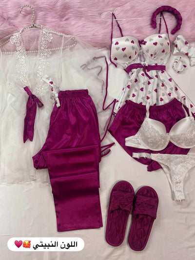 8 Pcs Heart Printed Imported Silk Nighty Bridal Set