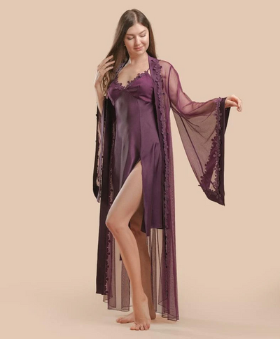 Long Satin & Lace Nightdress & Robe Set - Purple