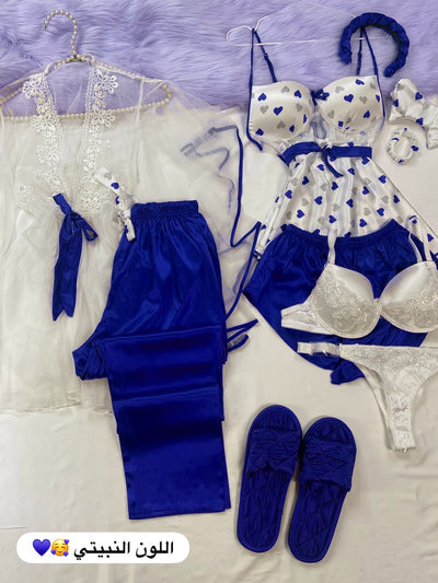 8 Pcs Heart Printed Imported Silk Nighty Bridal Set